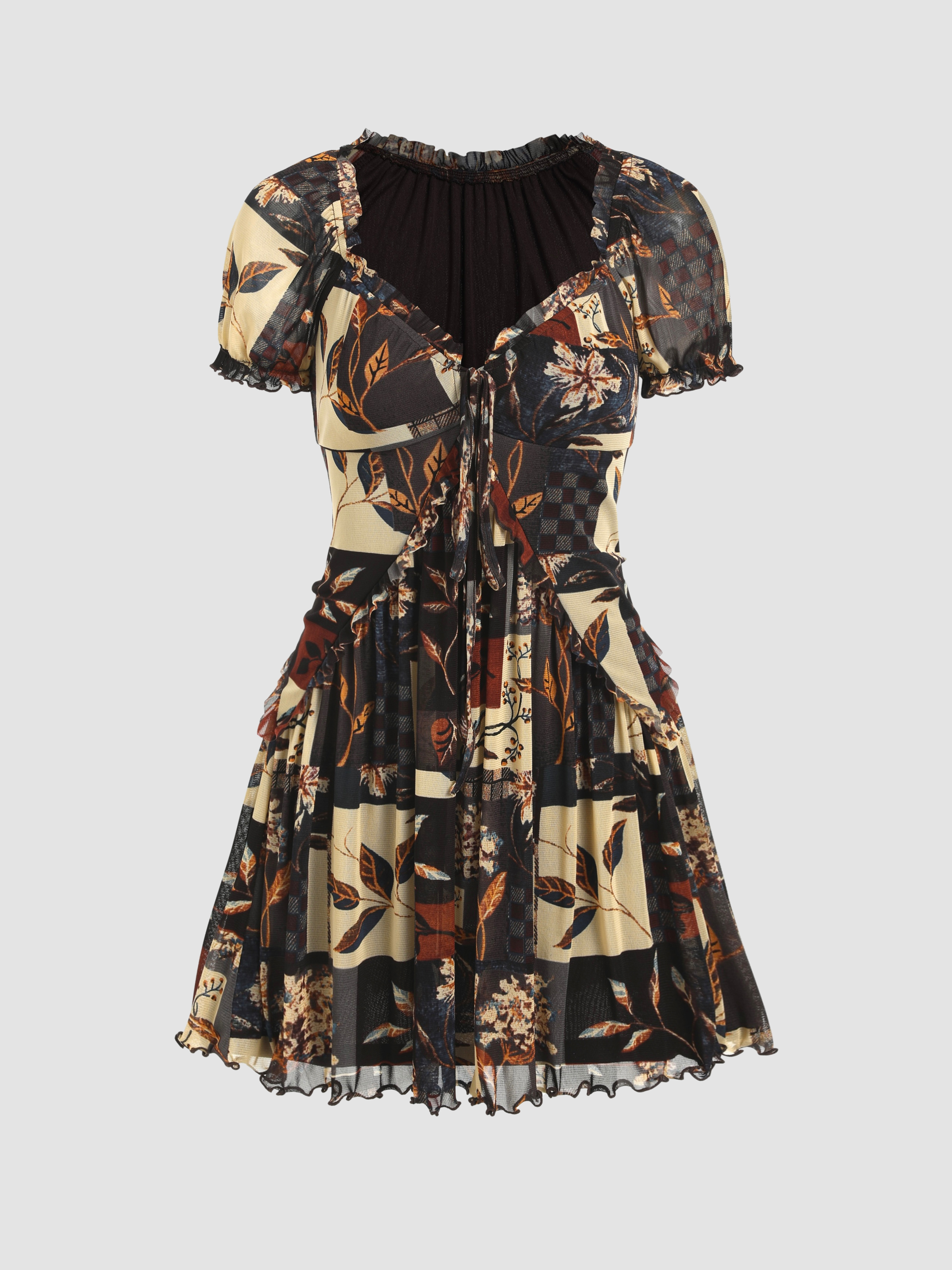 Mesh Floral Mesh Ruffle Hem Knotted Mini Dress For Daily Casual Date