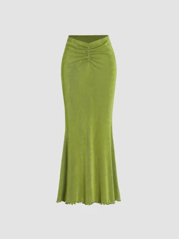 Solid Lettuce Hem Mermaid Maxi Skirt