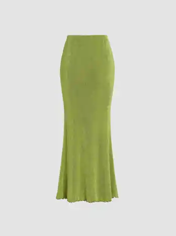 Solid Lettuce Hem Mermaid Maxi Skirt