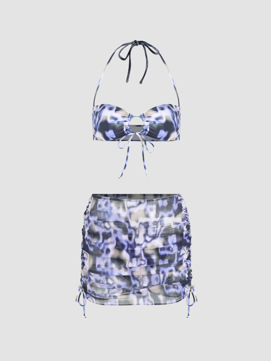 Tie-Dye-O-Ring-Halter-Bikini mit gerafftem Strandrock
