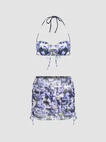 Tie-Dye-O-Ring-Halter-Bikini mit gerafftem Strandrock