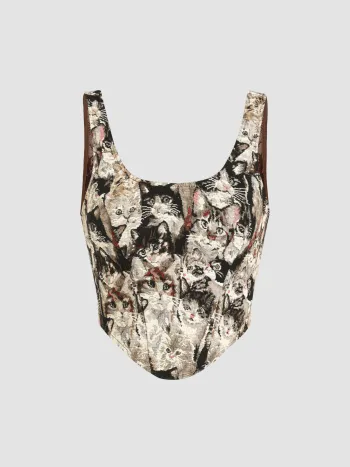 Jacquard-Katzenmuster Korsett Cami Crop Top