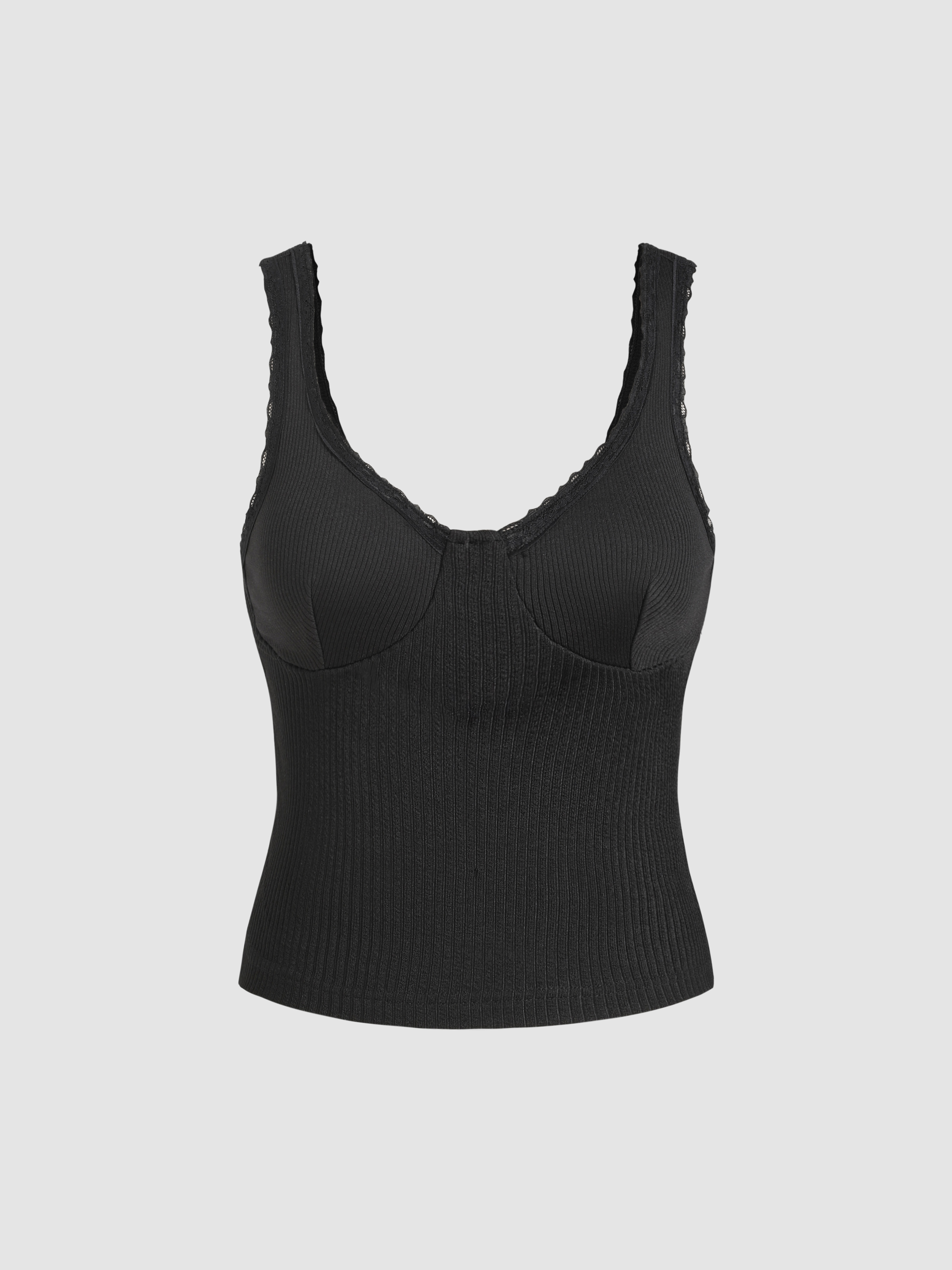 Rib Solid Lace Trim Cami Crop Top For Daily Casual