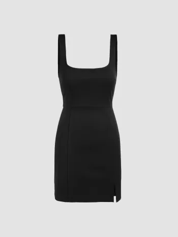 Solid Square Neck Split Mini Dress