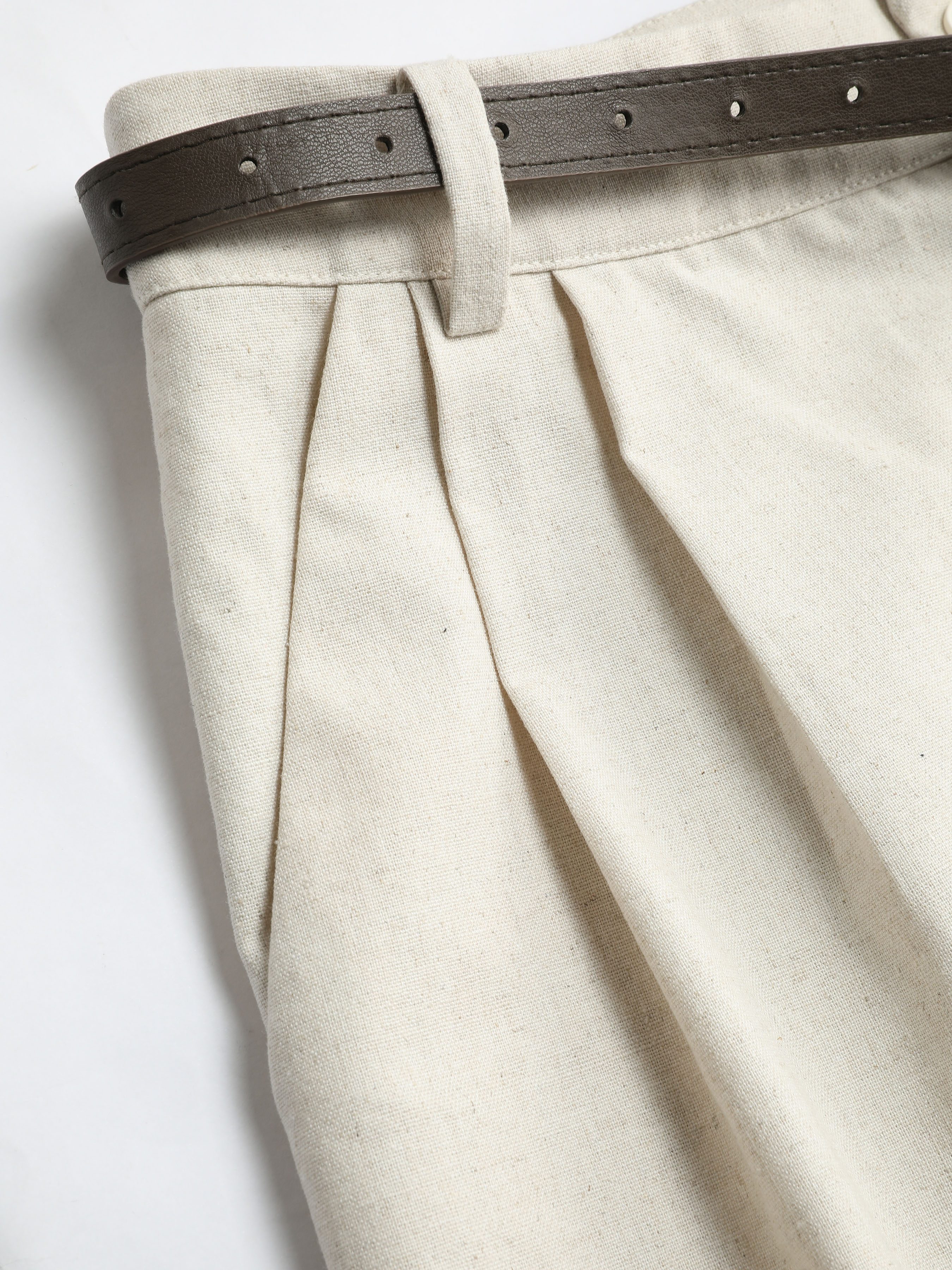 Solid Linen Blend Belted Wide Leg Pants - Cider