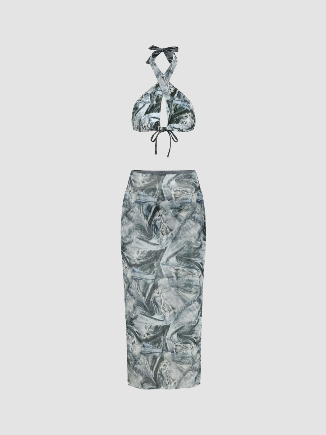 Neckholder-Bikini mit Batikmuster und Mesh-Strandrock
