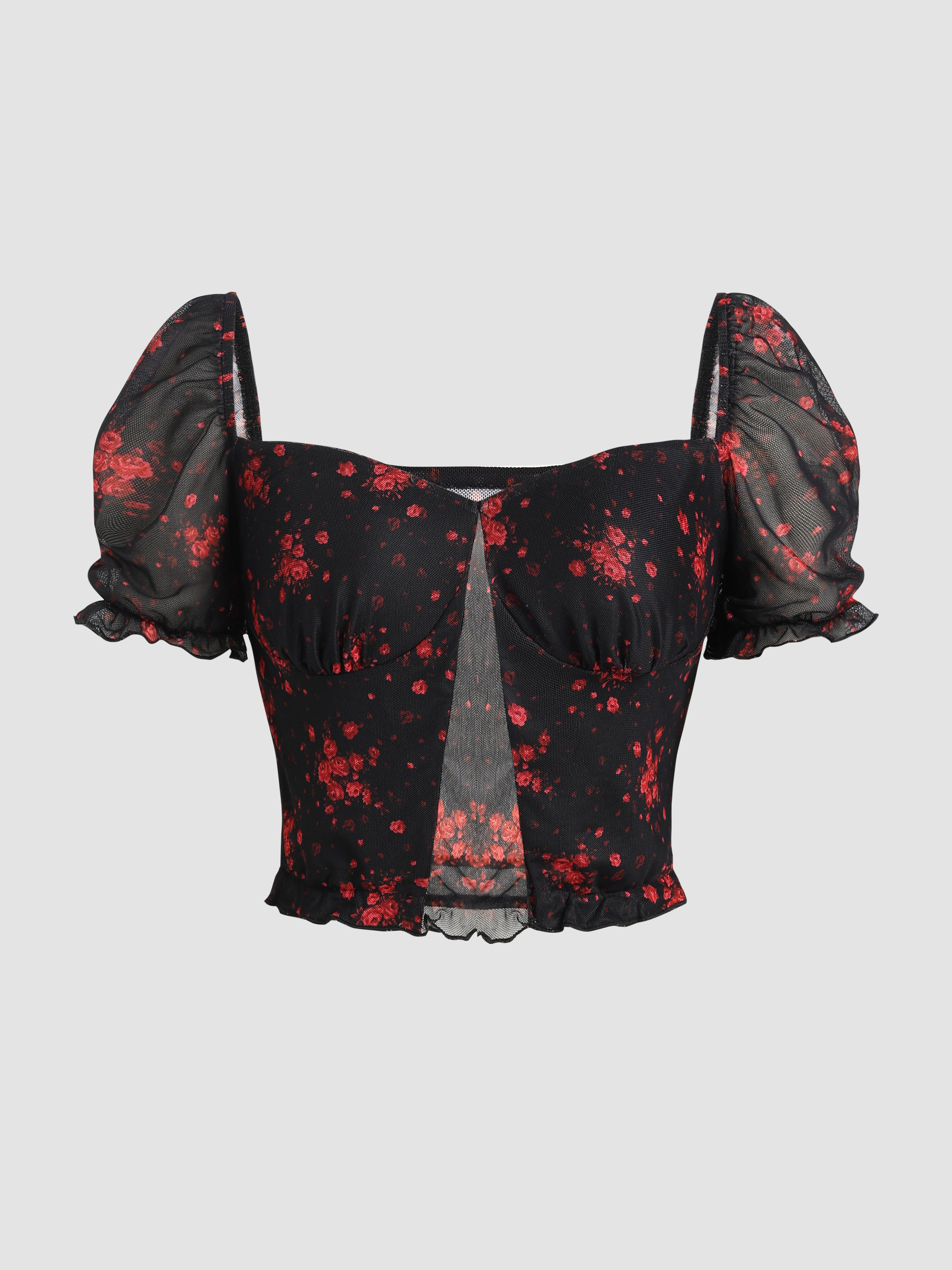 Mesh Mesh Floral Sheer Crop Blouse For Date