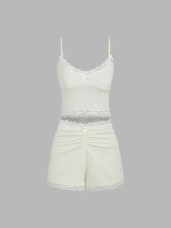  Schleifen-Spitzenbesatz Lounge Tank Top & Mittelhohe Shorts Set