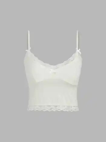  Schleifen-Spitzenbesatz Lounge Tank Top & Mittelhohe Shorts Set