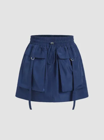 Solid Cargo Pocket Drawstring Mini Skirt