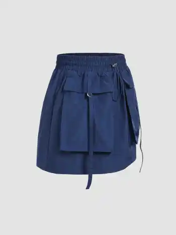 Solid Cargo Pocket Drawstring Mini Skirt