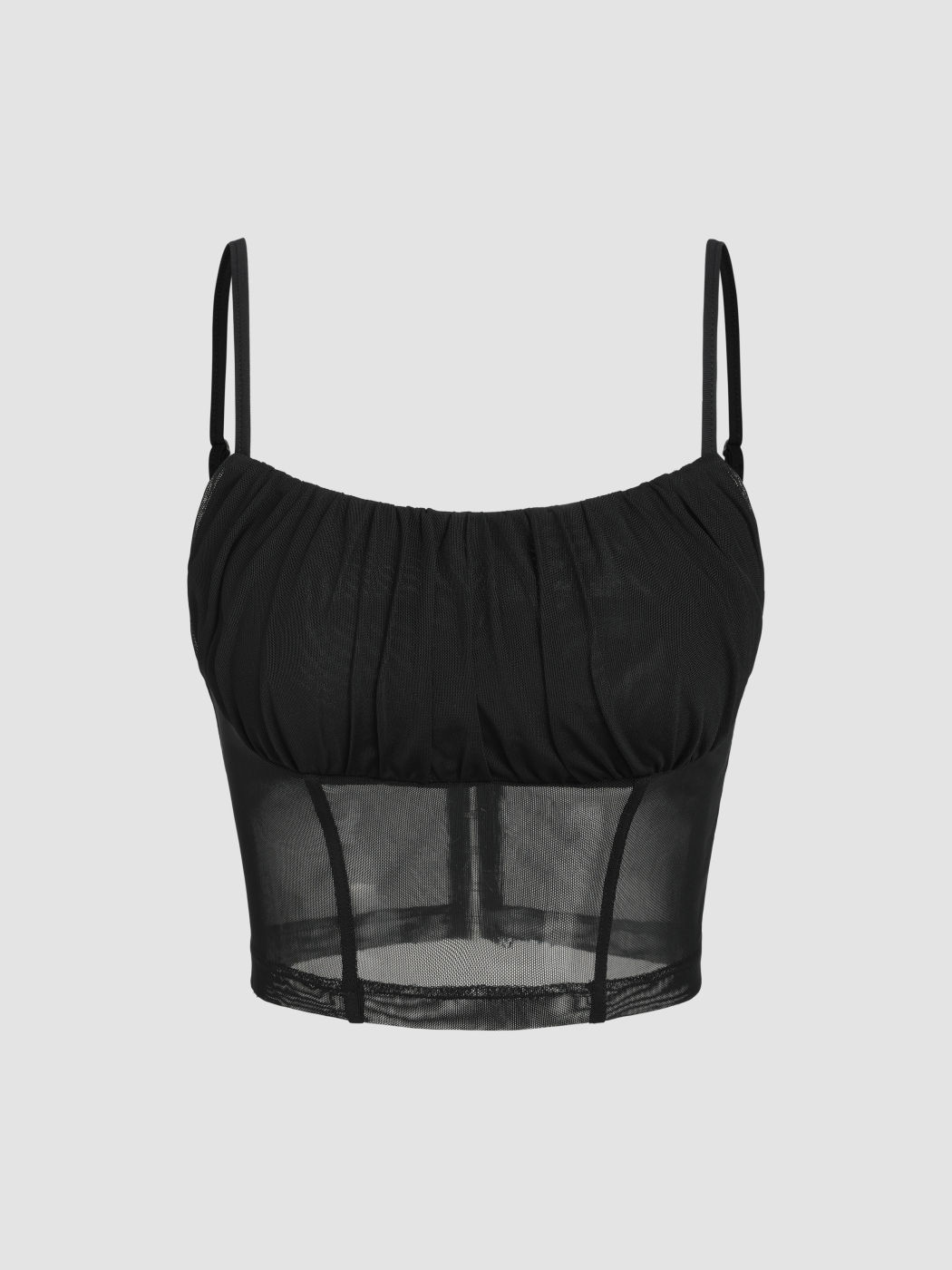 Crop-Top mit gerüschtem Trägertop aus Kontrast-Mesh