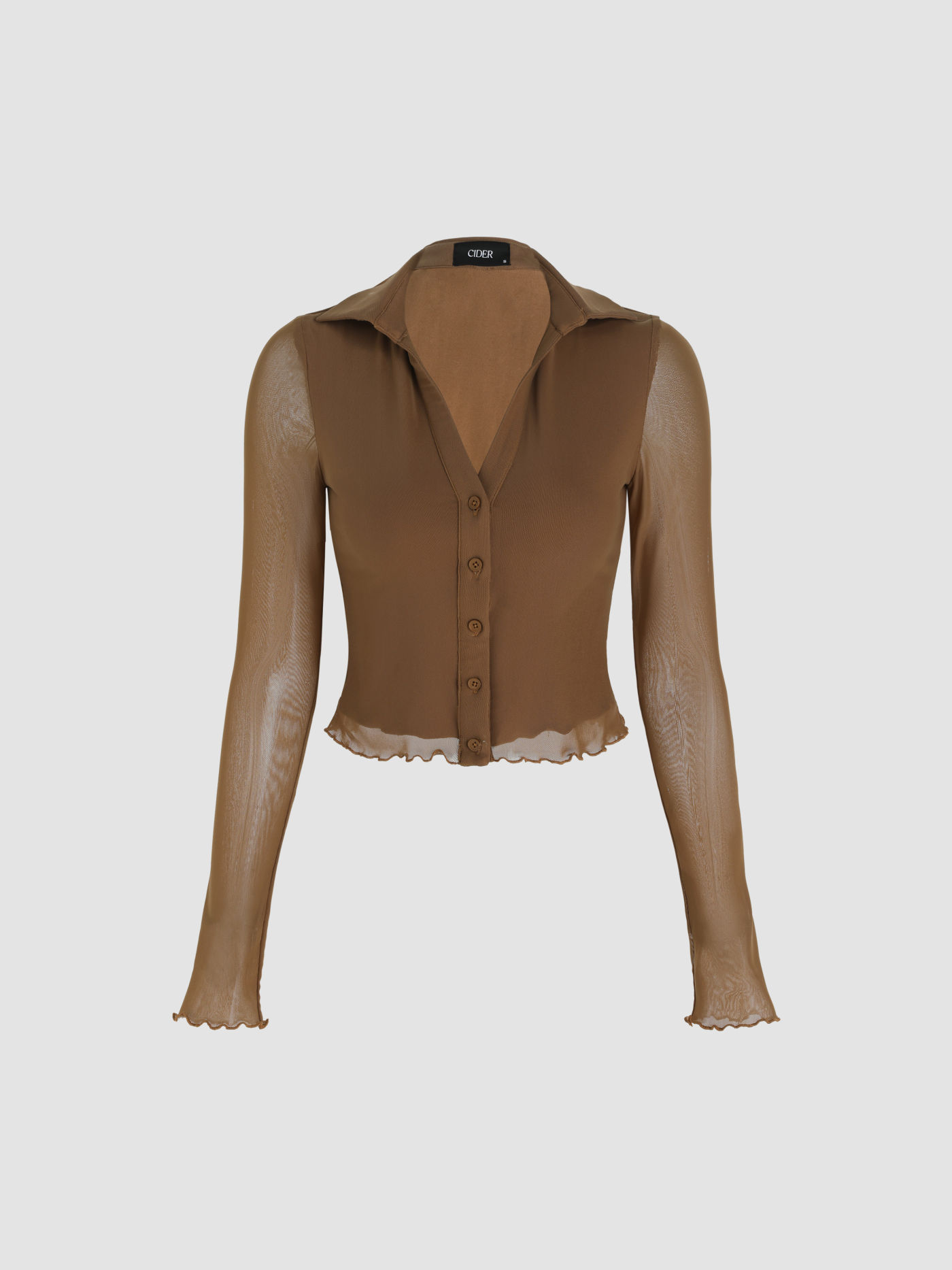 Collar Mesh Lettuce Trim Long Sleeve Blouse