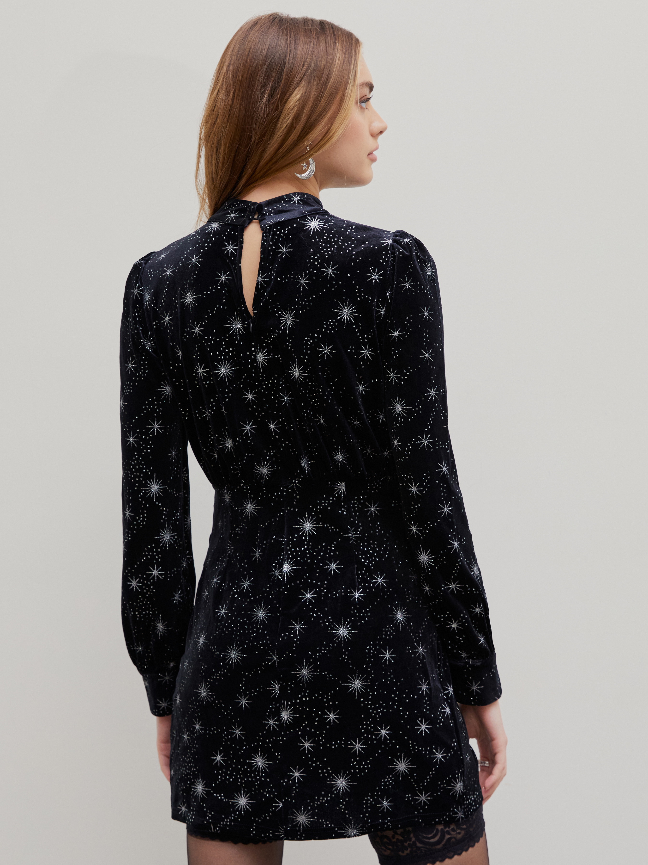 Velvet Star Pattern Bell Sleeve Short Dress - Cider