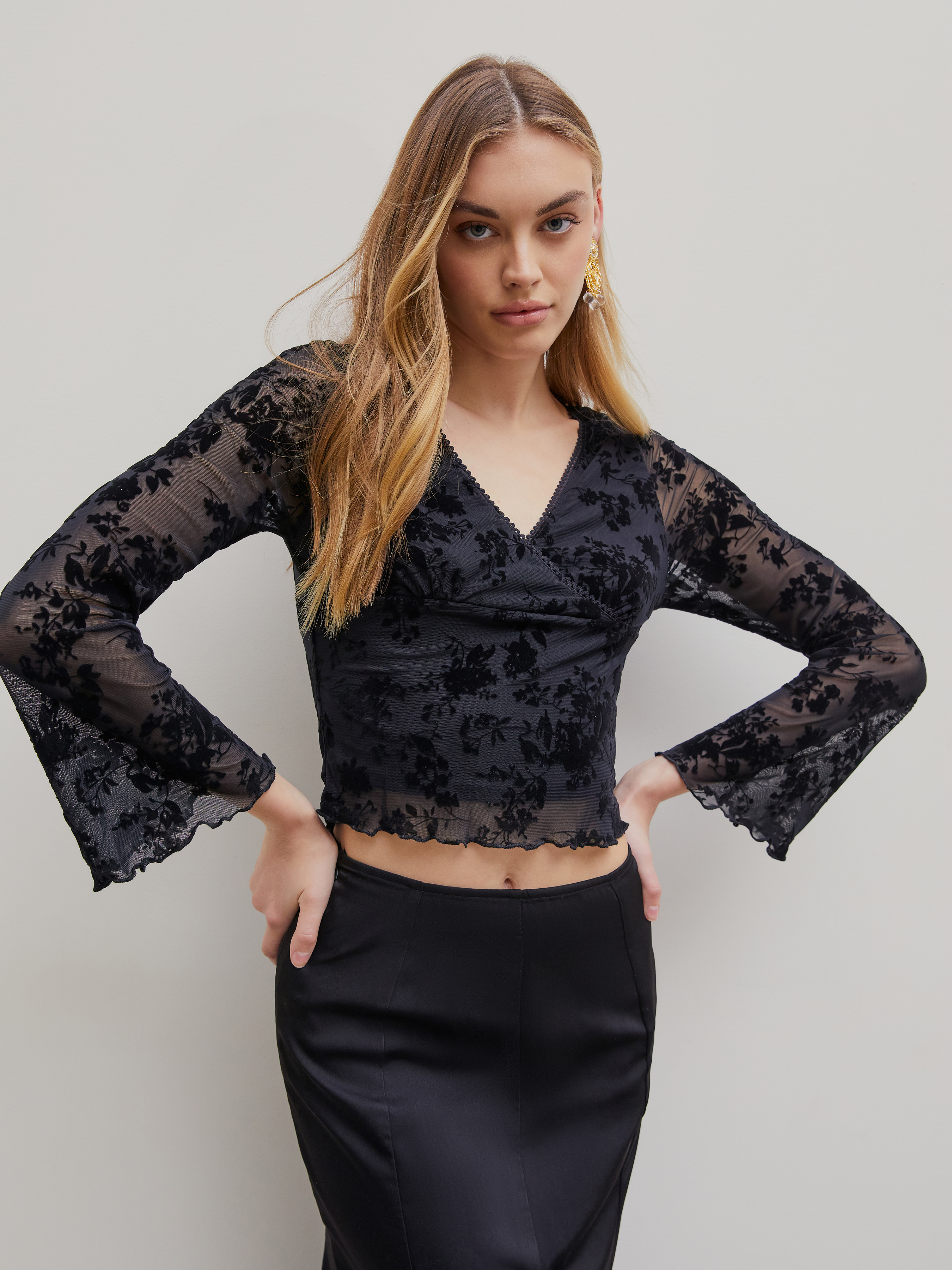 Lace Lace Floral V-neck Long Sleeve Crop Blouse For Exhibition