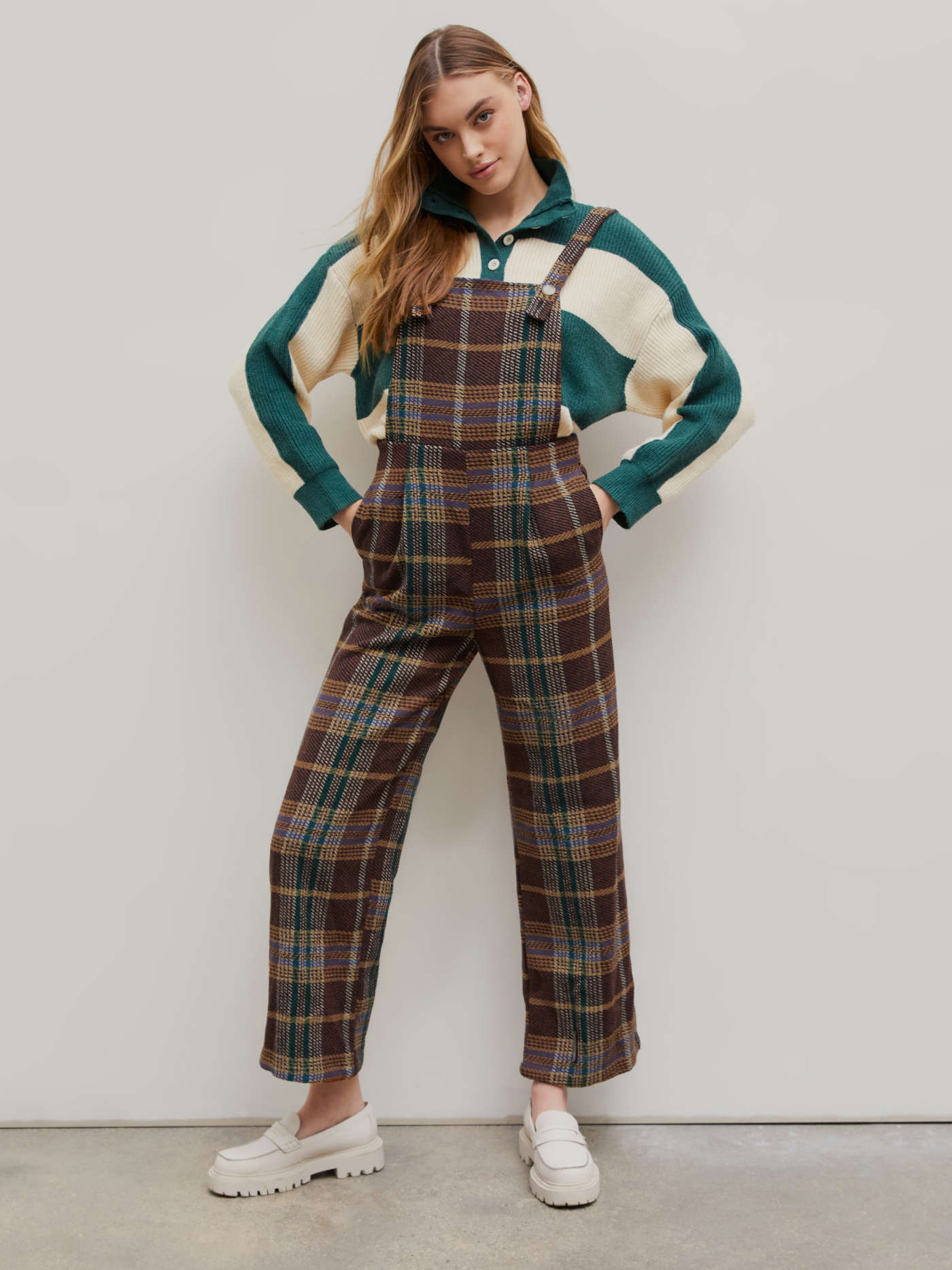 Preppy Countryside Core Tweed Tweed Plaid Button Up Wide Leg Jumpsuit For School Coffee Shop