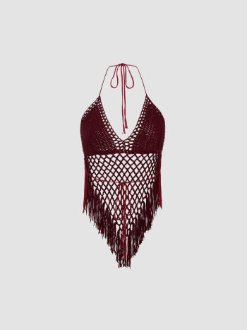 Halter Hollow Out Beaded Self Tie Top main image 0