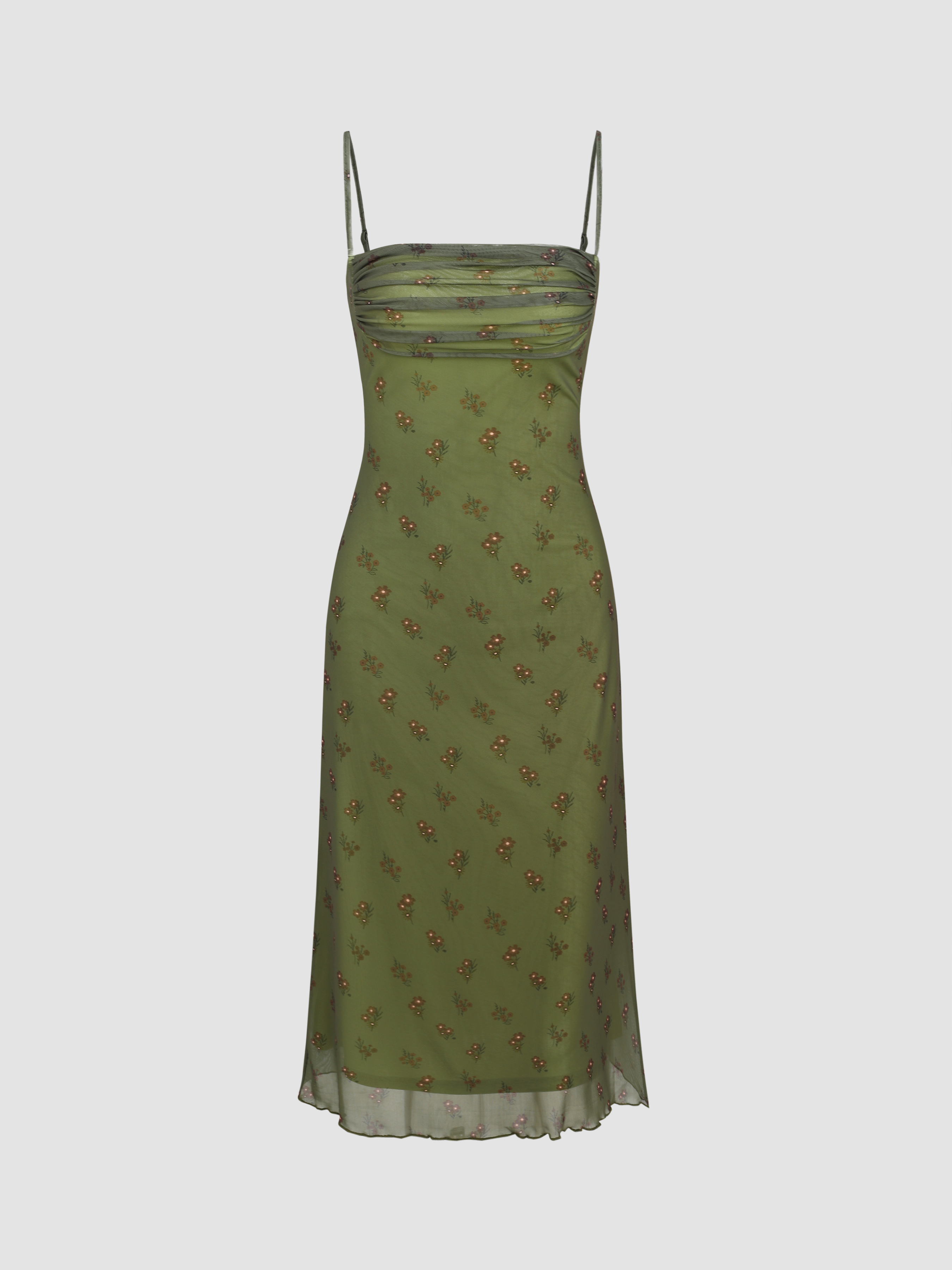 Mesh Floral Ruched Midi Dress Cider