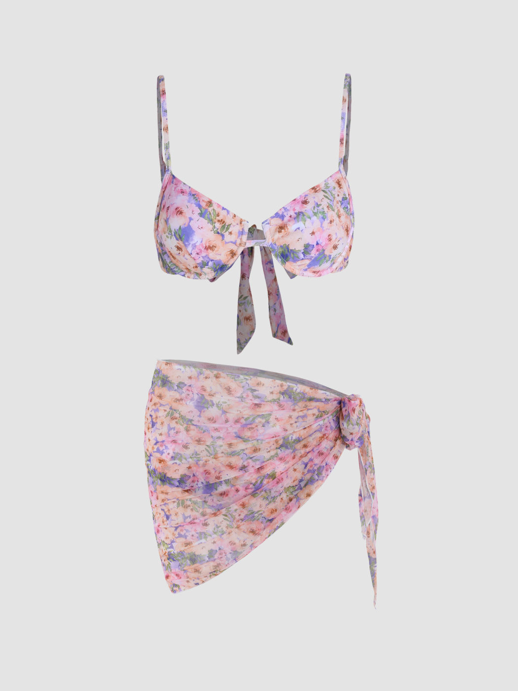Geblümter Bügel-Bikini mit Binderücken und Sarong