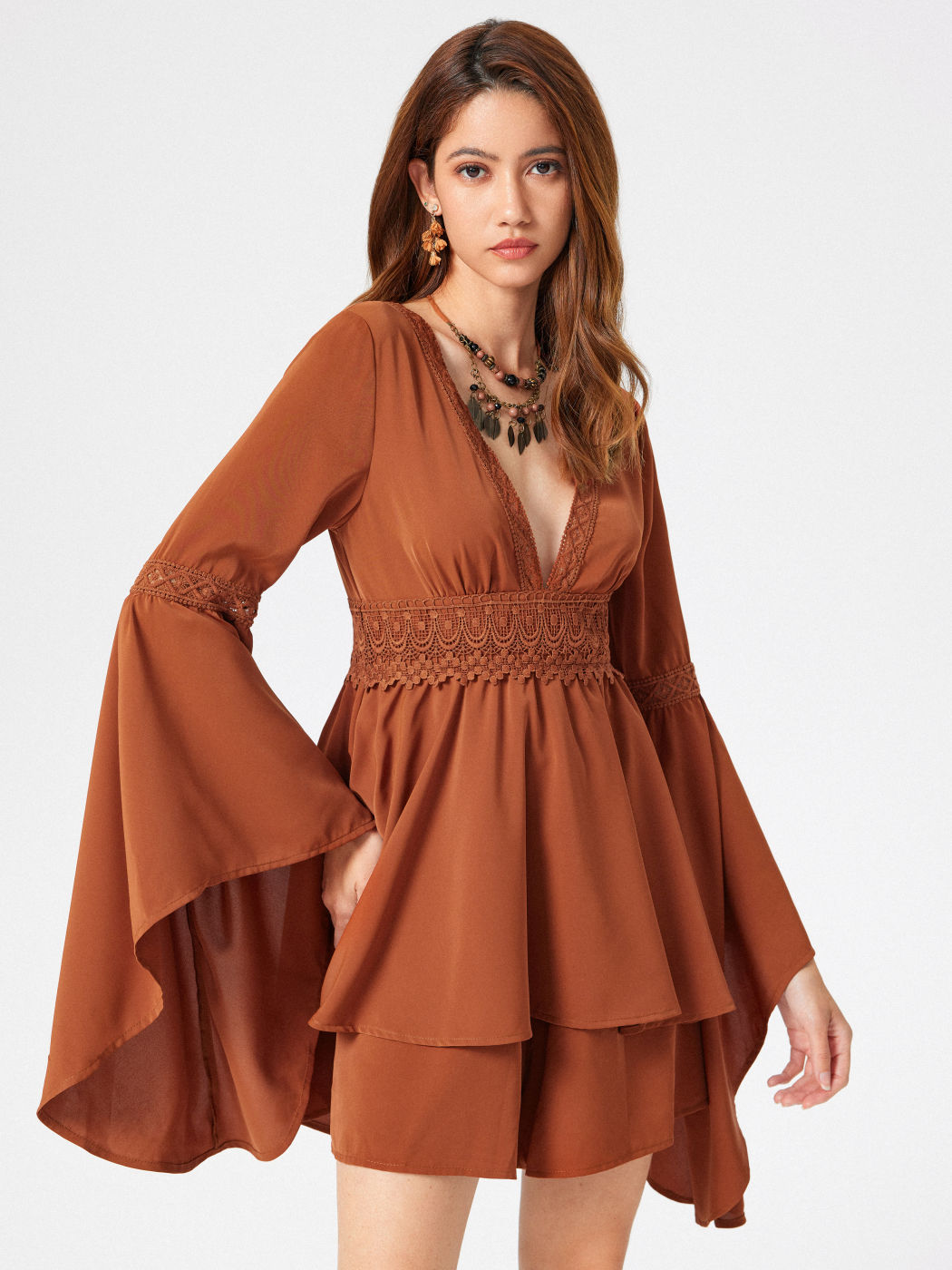 Solid Lace V-neck Bell Sleeve Playsuit