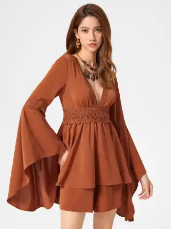 Solid Lace V-neck Bell Sleeve Playsuit