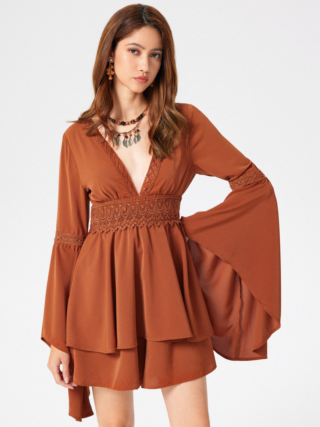 Solid Lace V-neck Bell Sleeve Playsuit