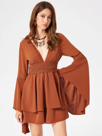 Solid Lace V-neck Bell Sleeve Playsuit