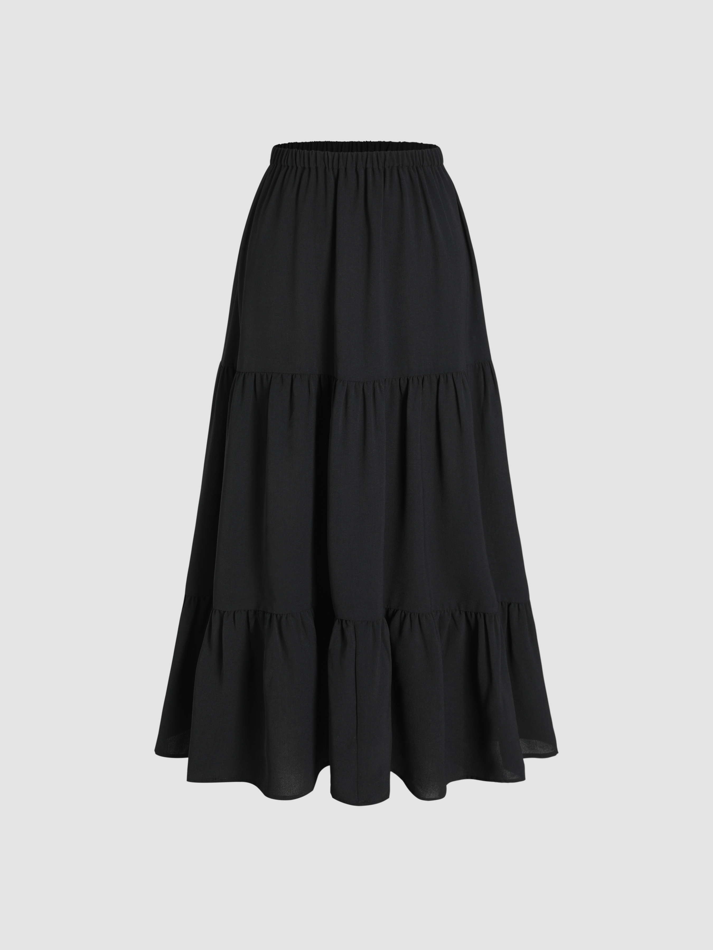 Solid Elastic Waist Ruffle Hem Tiered Midi Skirt