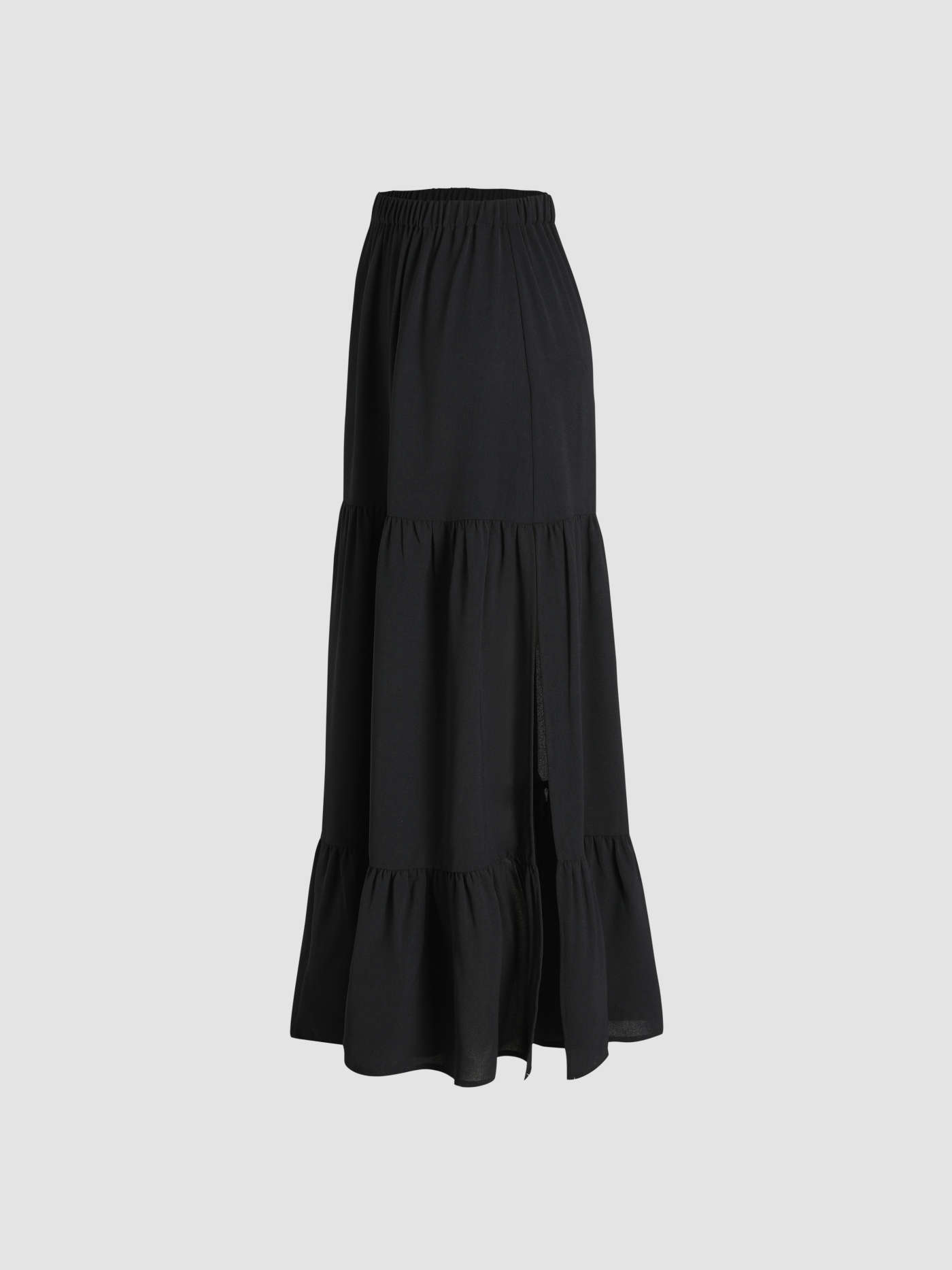 Solid Elastic Waist Ruffle Hem Tiered Midi Skirt