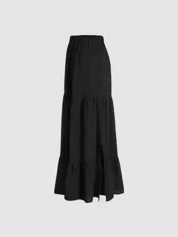 Einfarbiges Maxi-Strick-Skirt mit elastischem Bund und gekräuseltem Saum