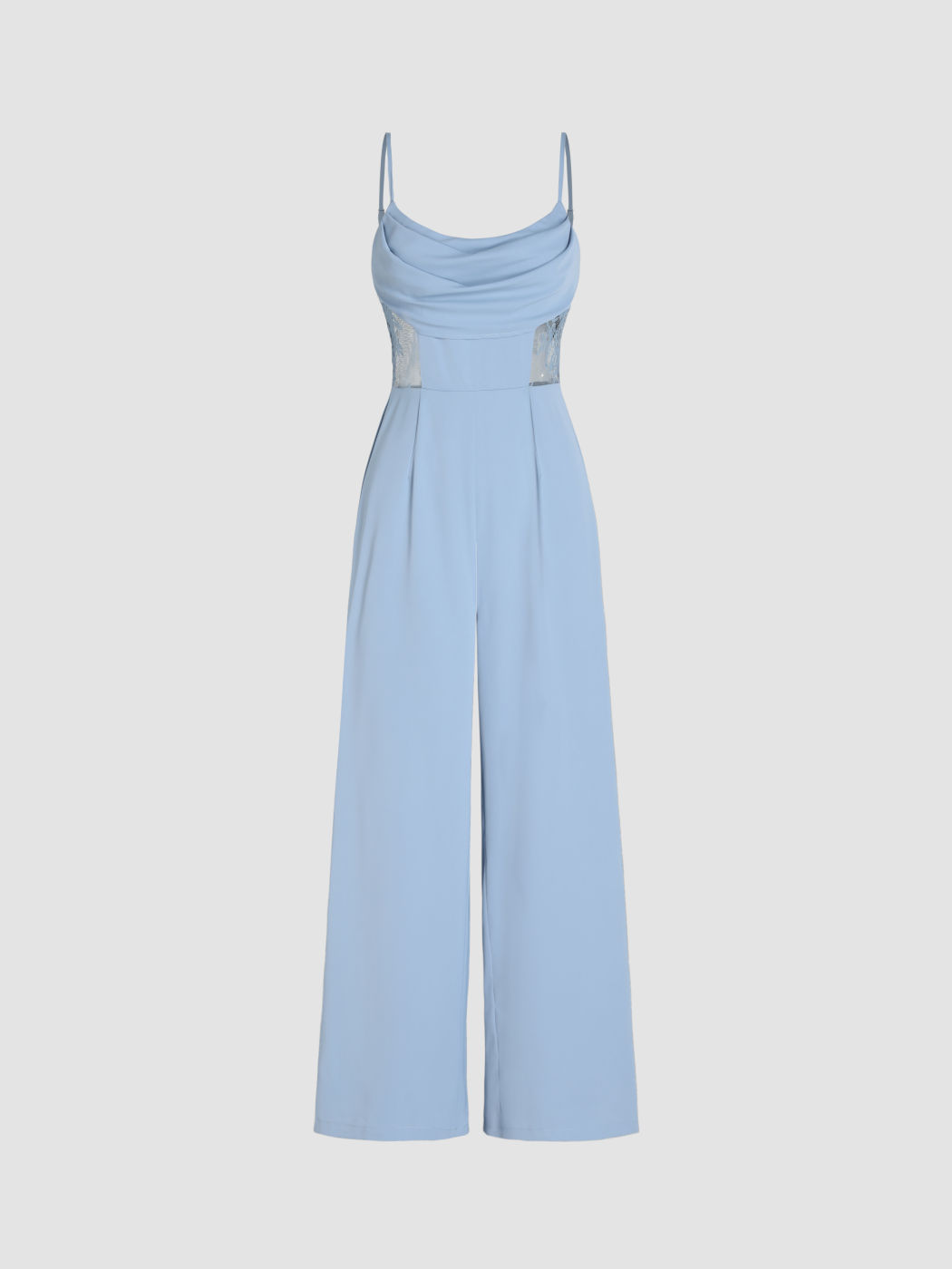 Jumpsuit mit durchsichtigem Wasserfallausschnitt und weitem Bein aus Spitze