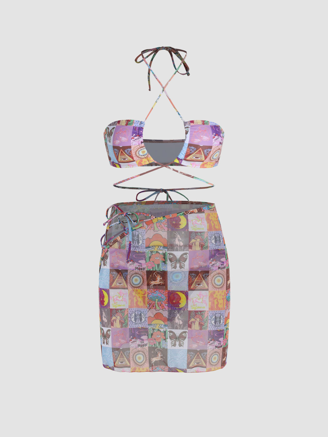 Neckholder-Bikini-Set mit ausgeschnittenem Patchy-Muster und Sarong
