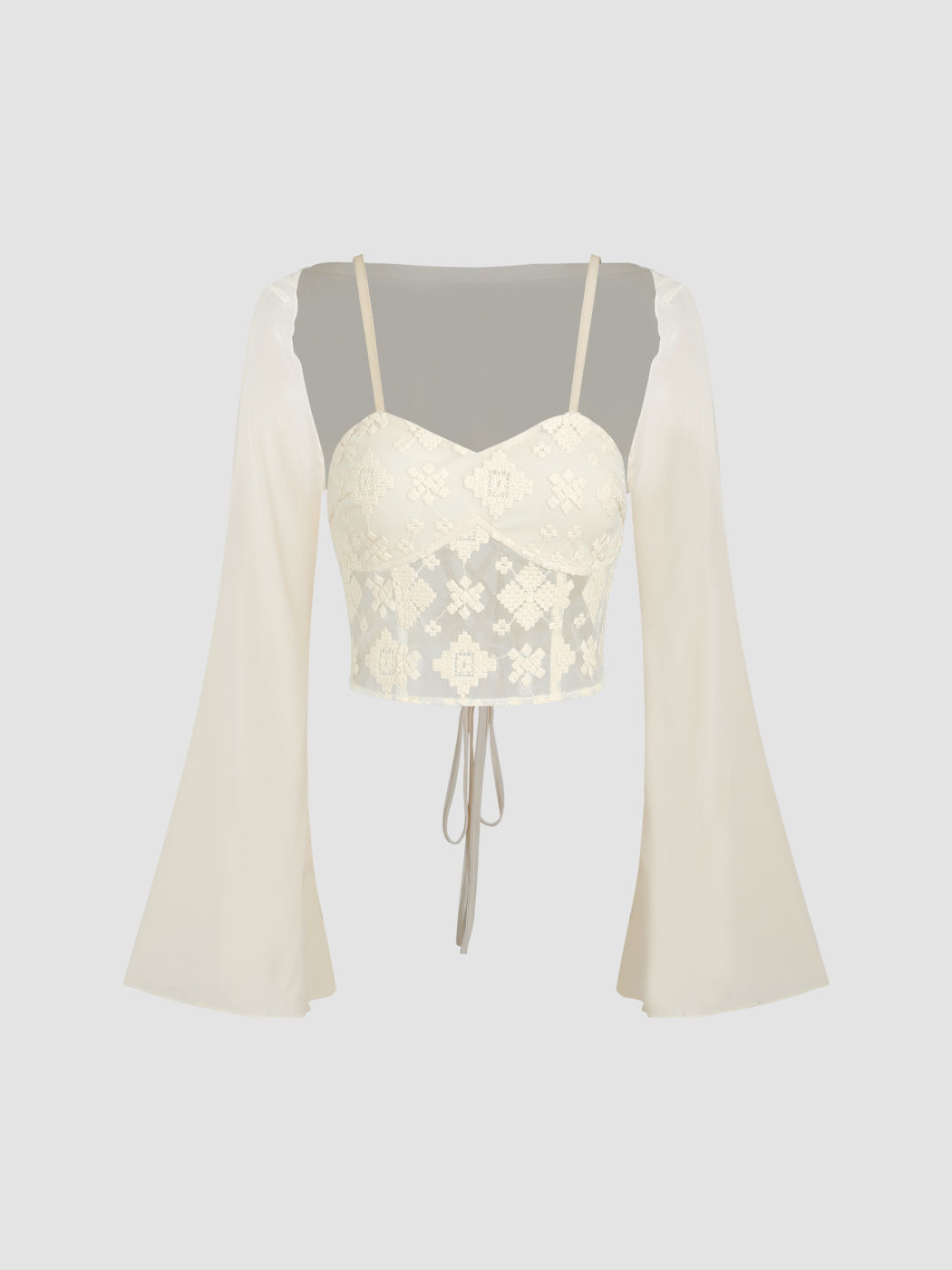 Solid Lace Corset Long Bell Sleeve Crop Top For Date