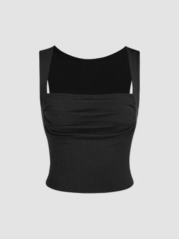 Solid Ruched Square Neck Crop Top