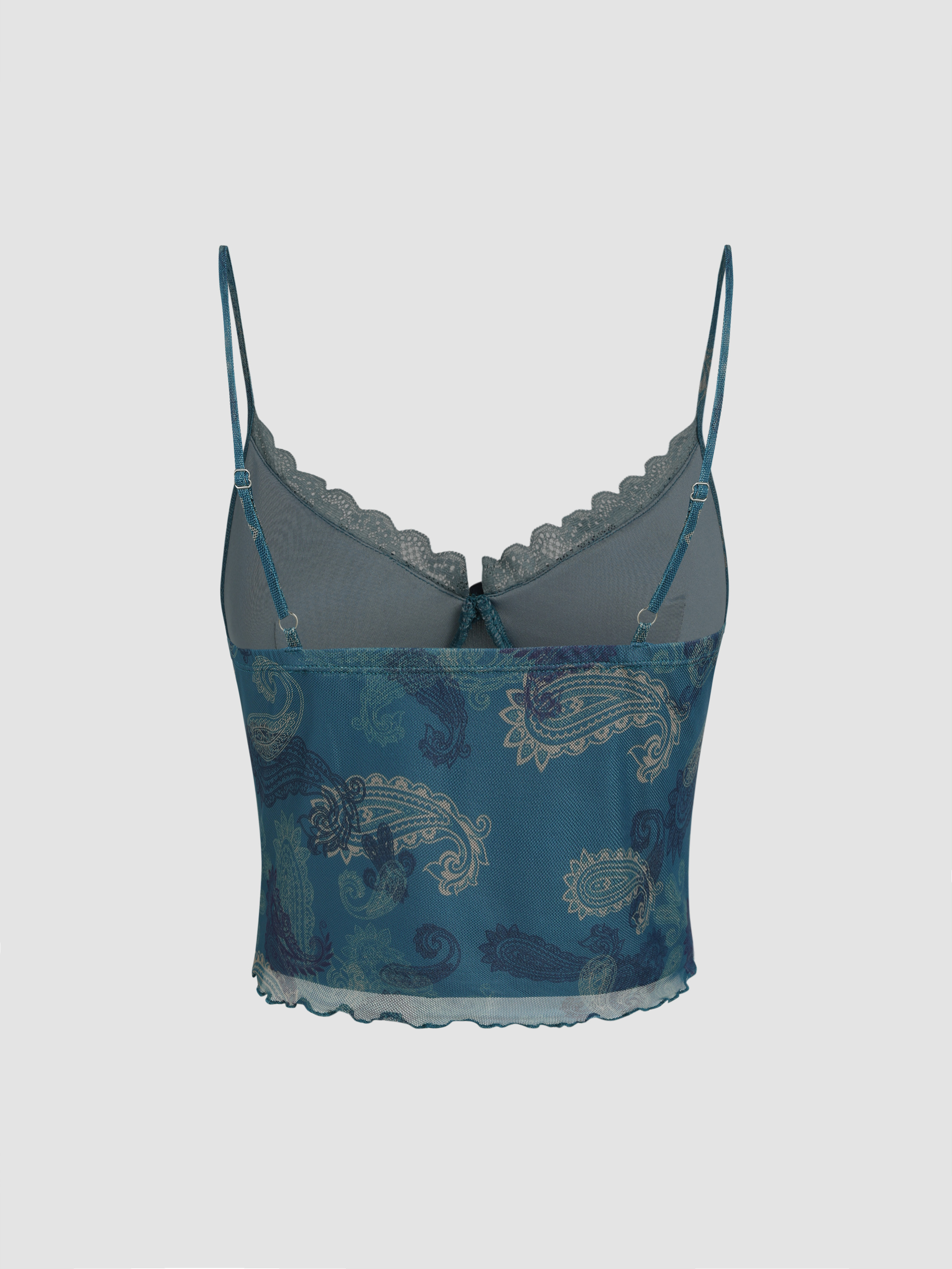 Paisley Print Lace Trim Cami Crop Top For Date Vacation