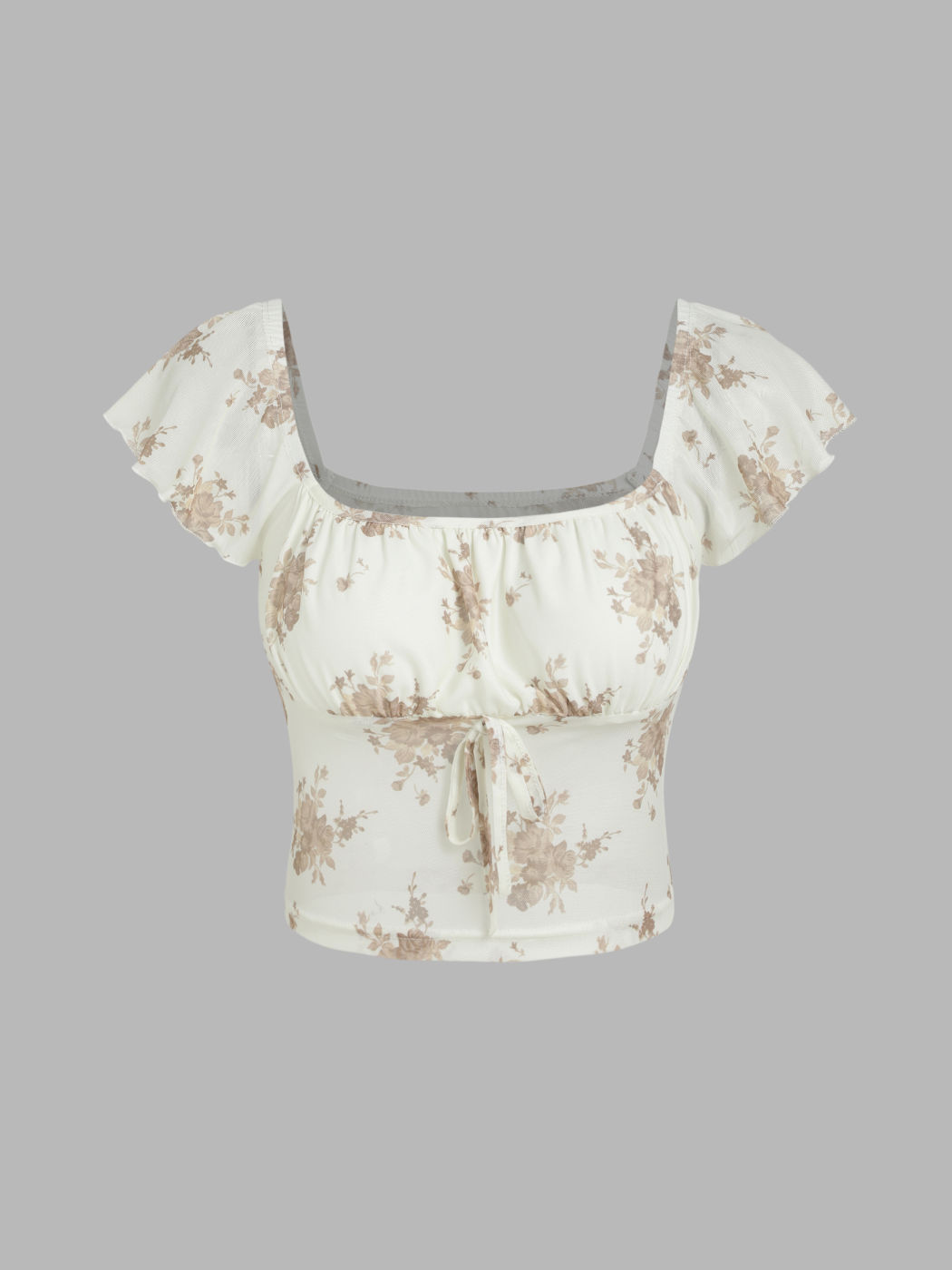 Floral Contrast Mesh Knotted Crop Top