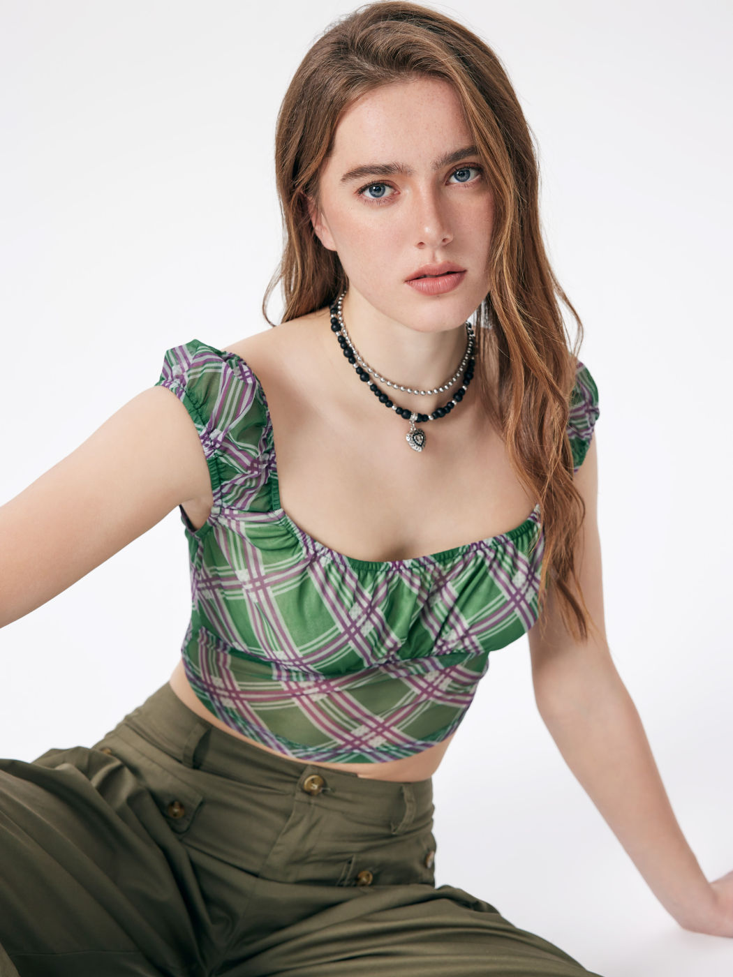 Camicetta a maniche corte con scollo quadrato a quadri