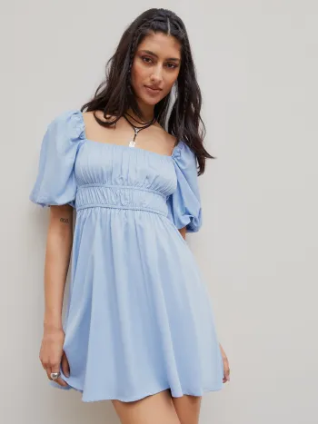 Solid Puff Sleeve Mini Dress