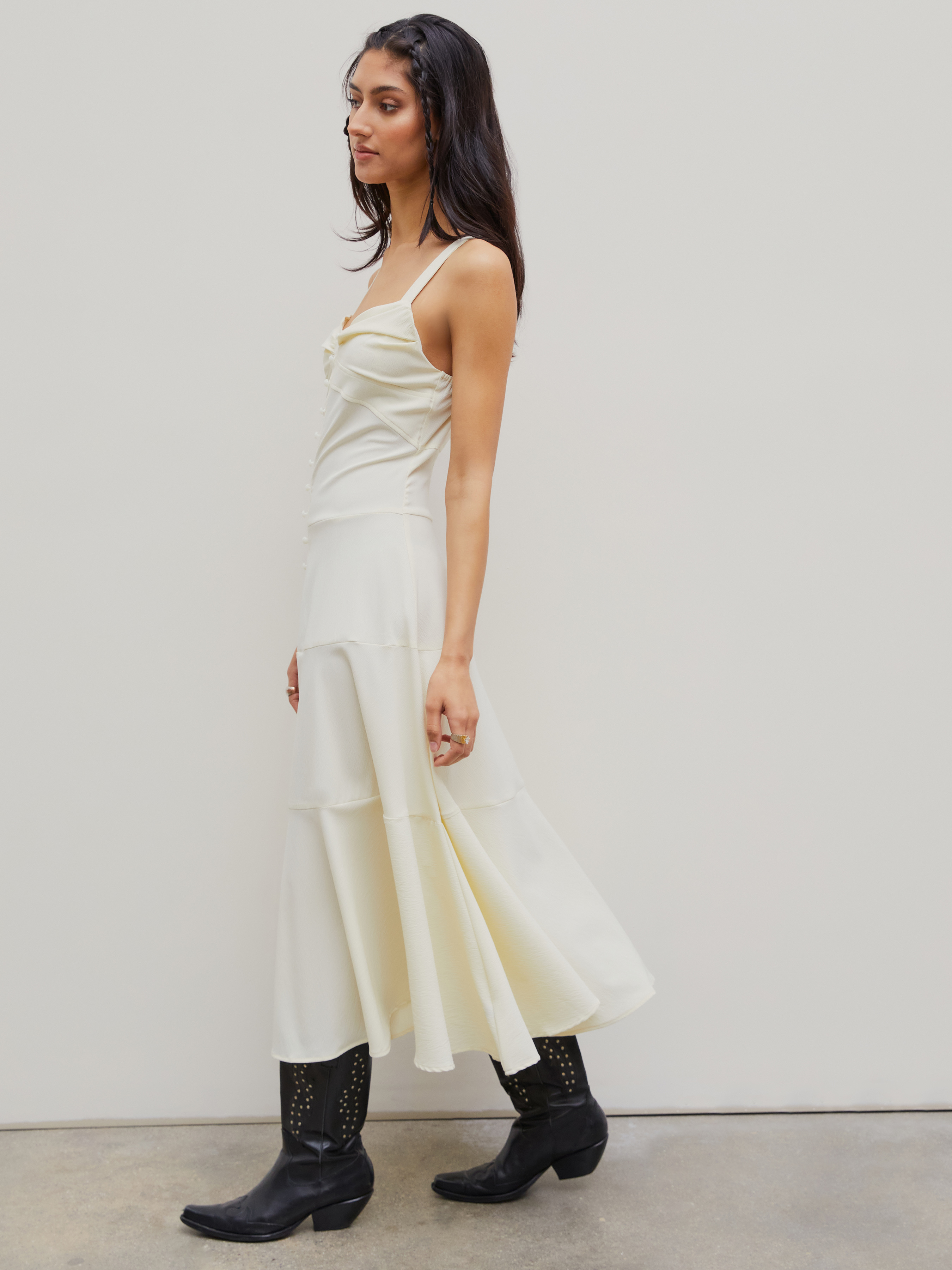 solid texture button ruched cami maxi dress Drawstring Ruched Bust Cut Out Waist Padded Cami Maxi Dress