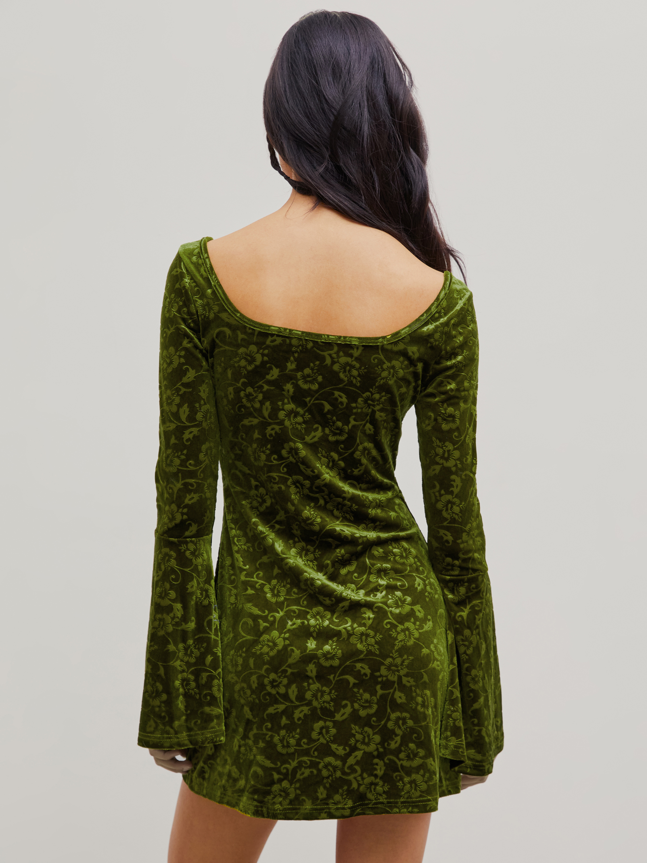 Velvet Star Pattern Bell Sleeve Short Dress - Cider