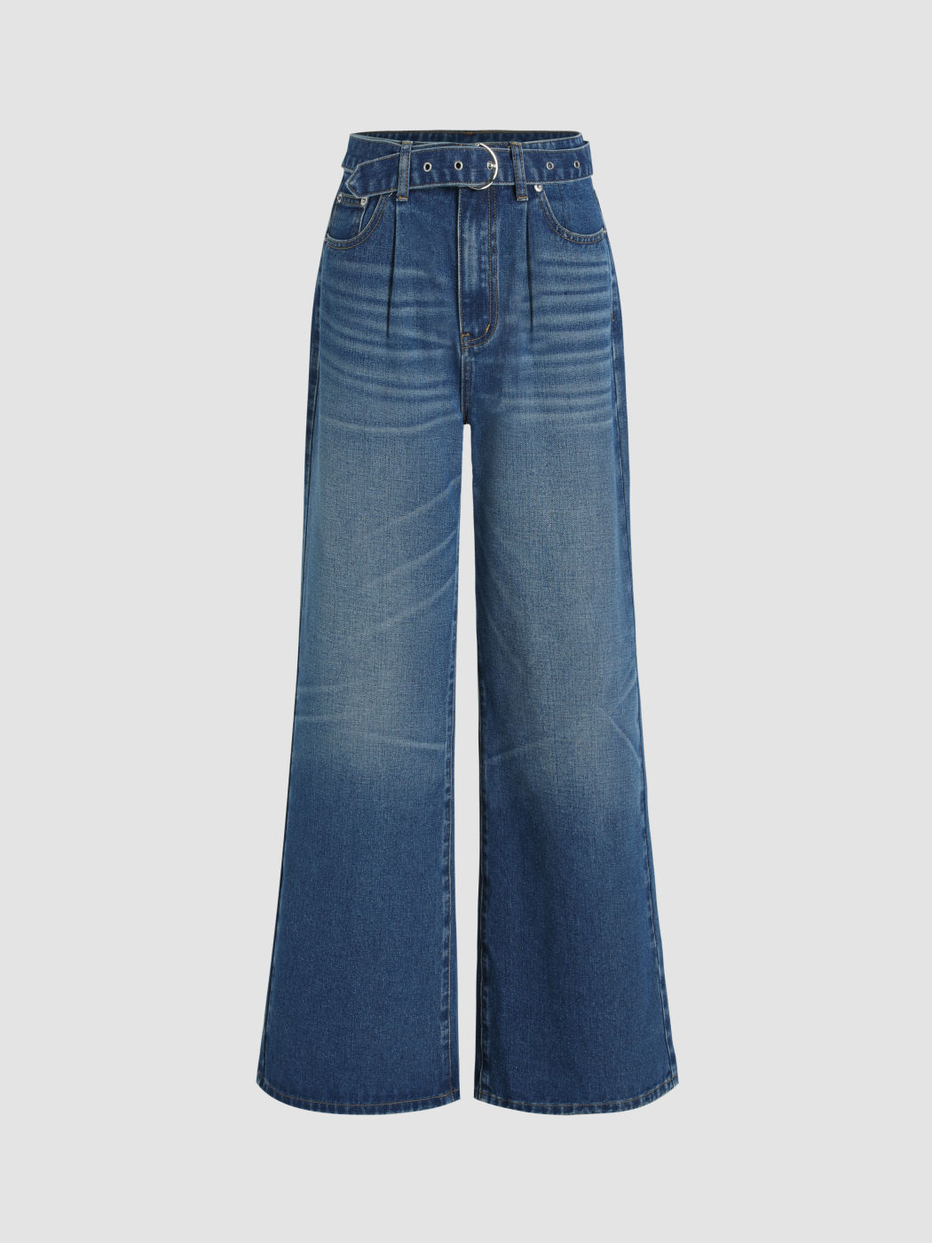Denim Mid Rise Belted Wide Leg Jeans