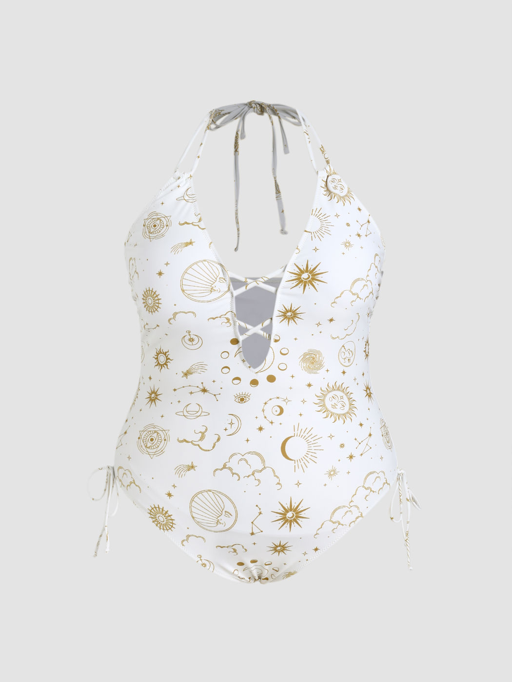 Star & Sun Knotted Halter One Piece Swimsuit Curve & Plus For Vacation