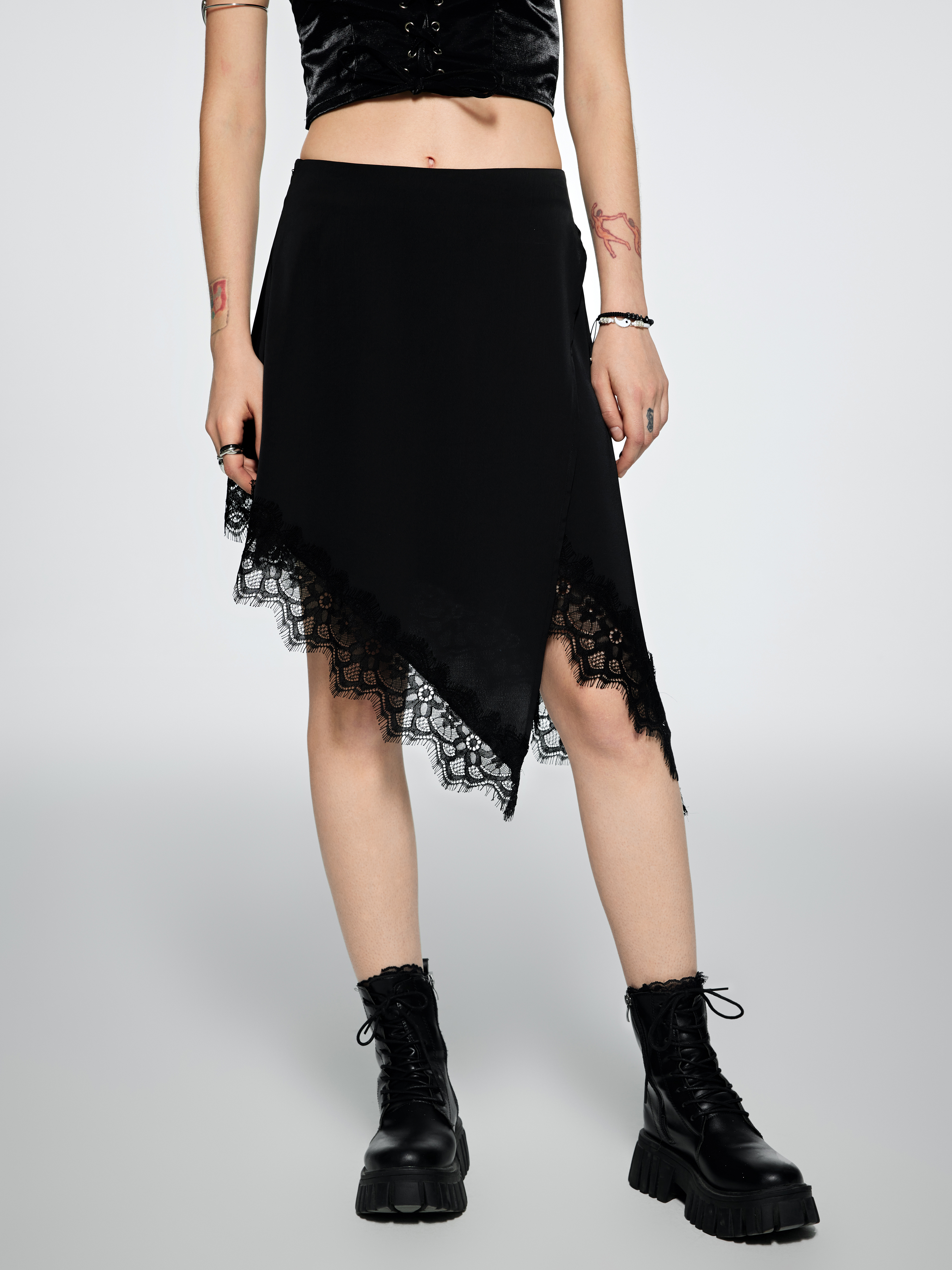 Black lace shop trim mini skirt