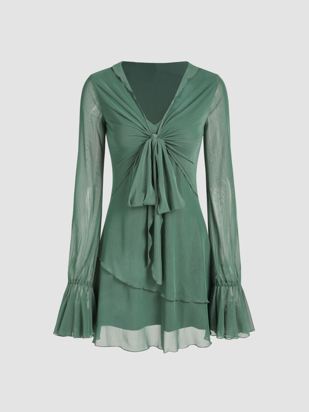 Mesh Solid Knotted Long Sleeve Mini Dress