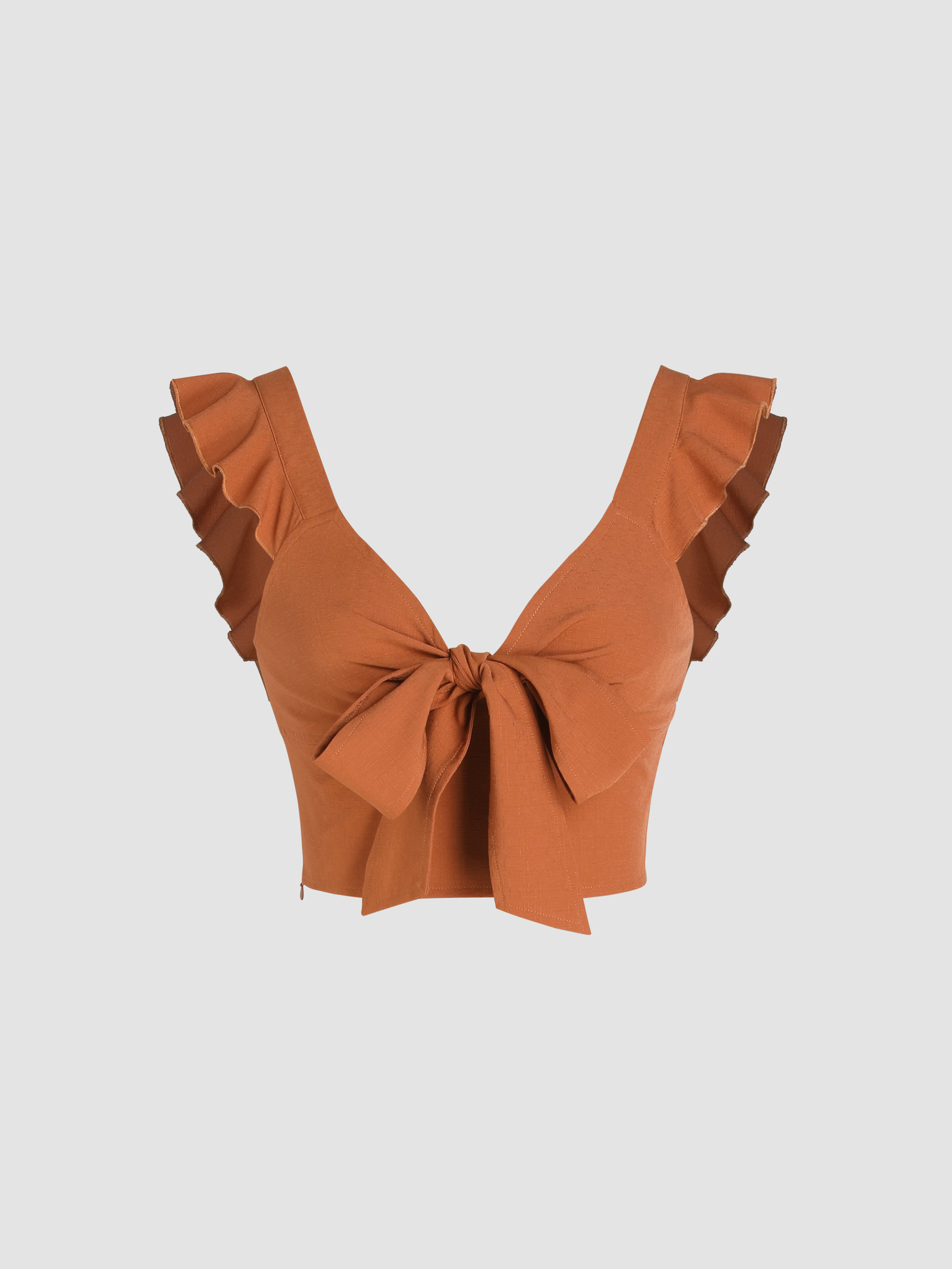 woven-solid-v-neck-ruffle-knotted-crop-top-for-daily-casual-date