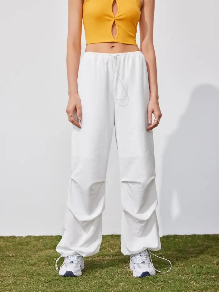 Woven Solid Drawstring Wide Leg Parachute Pants For School Daily