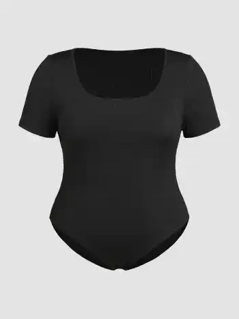 Solid Square Neck Short Sleeve Bodysuit Curve & Plus