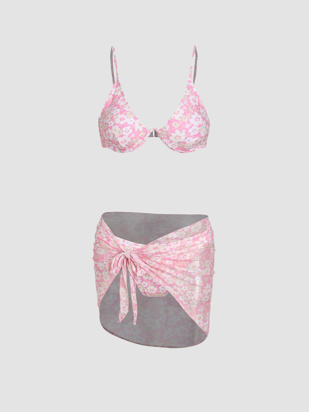 Bikini-Badeanzug mit Blumenmuster und Bügeln und Sarong
