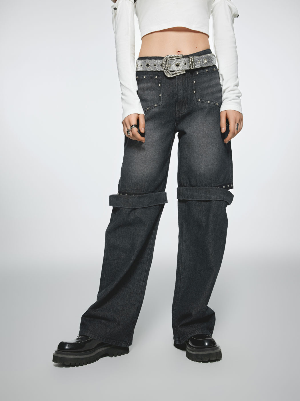Denim Mid Rise Solid Detachable Wide Leg Jeans
