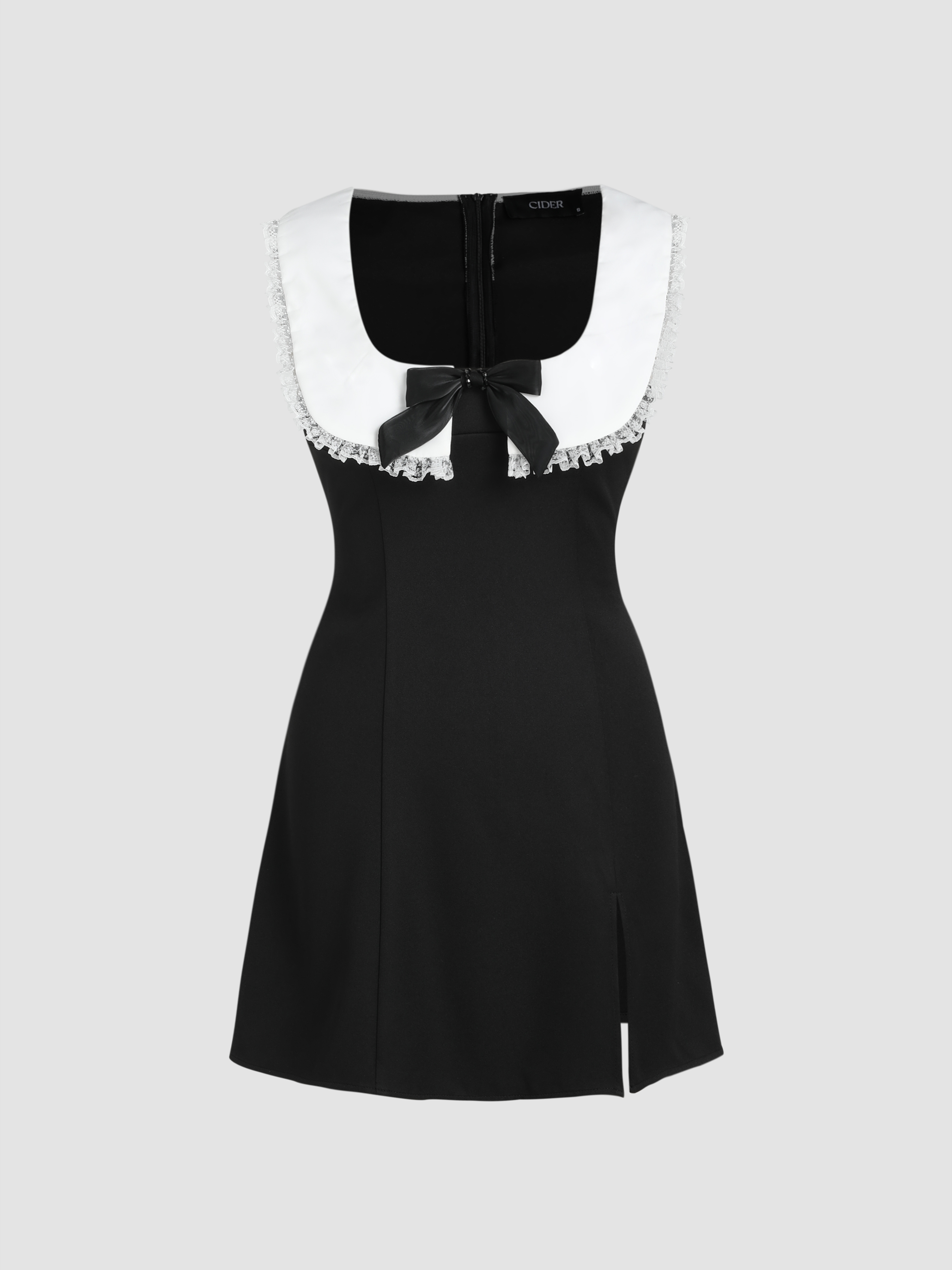 Woven Bow Lace Trim Square Neck Split Mini Dress For Daily